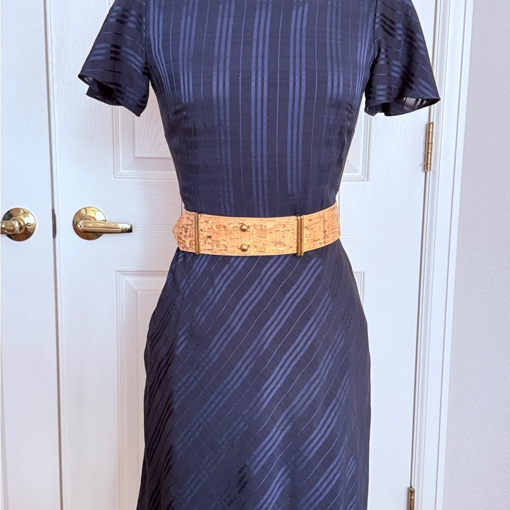 ANTONIO MELANI Navy Striped Midi Dress with Tan Cork Belt